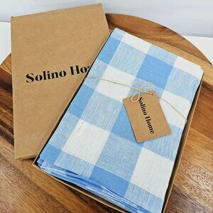 Solino Home Napkins Buffalo Check Set of 4 Pure Linen Hydrangea Blue Plaid New